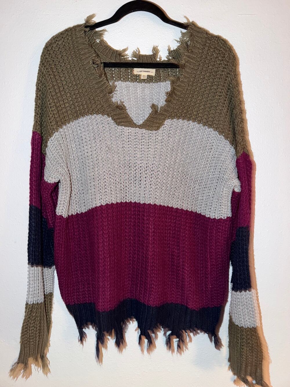 EE:Some Jewel Toned Earth Tone Striped Knit V-Neck Sweater Raw Hem Size M L